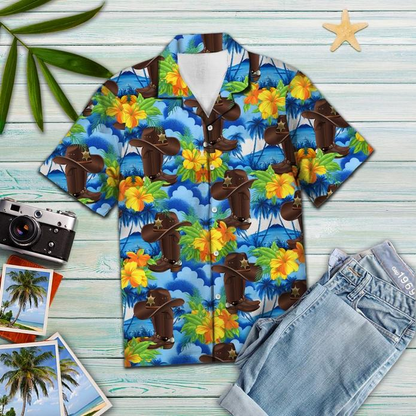 Vintage Cowboy Hibiscus Tropical 3D Print Polyester Hawaiian Shirt