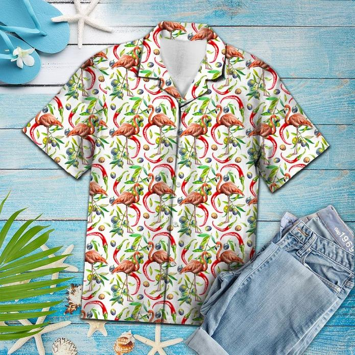 Hot Chili Peppers And Flamingo Tropical Polyester Hawaiian Shirt