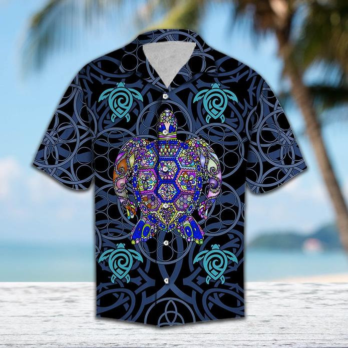 Turtle Blue Mandala Vikings Tropical Polyester Hawaiian Shirt