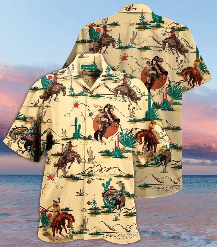 For Men And Women, Horse Cowboy At Sunset Hawaiian Shirt | Crazy Funny Hawaiian Shirt | Western Vintage Hawaiian Shirt