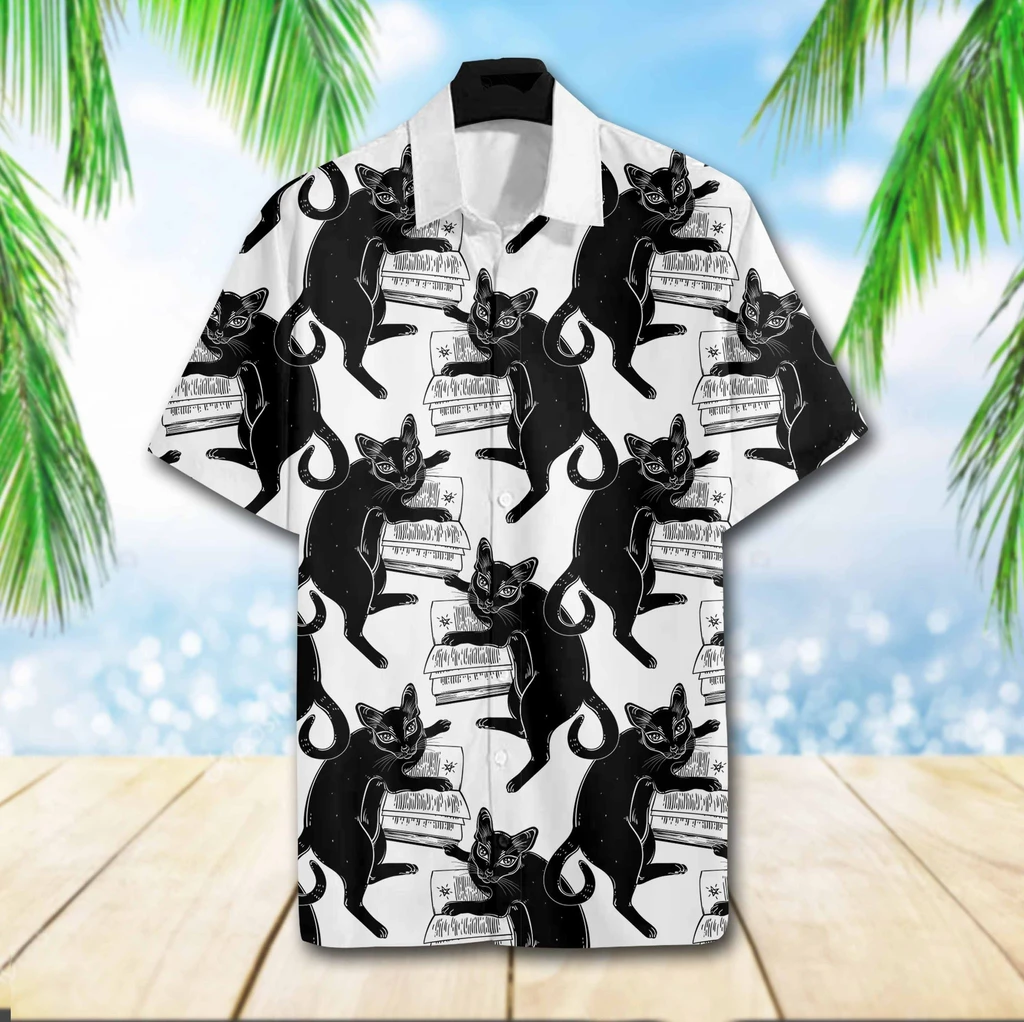 Black Cat Book Print Polyester Hawaiian Shirt