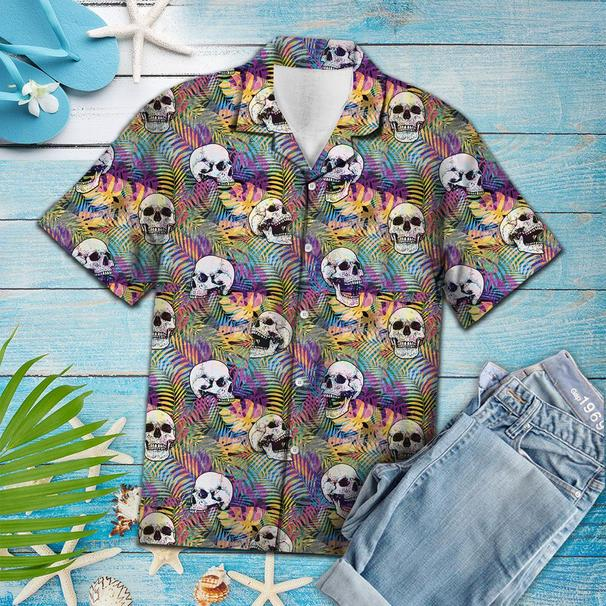 Vintage Skull Palm Leaves Tropical 3D Print Polyester Hawaiian Shirt