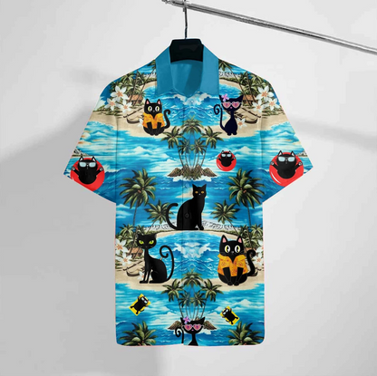 Black Cat Beach 3D Print Polyester Hawaiian Shirt