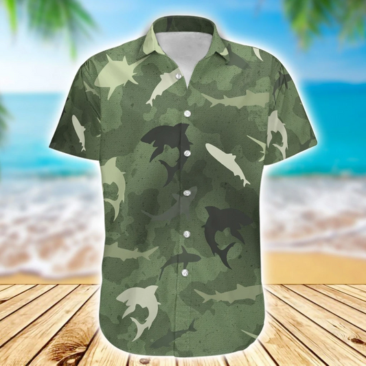 Shark Camo Green Print Polyester Hawaiian Shirt