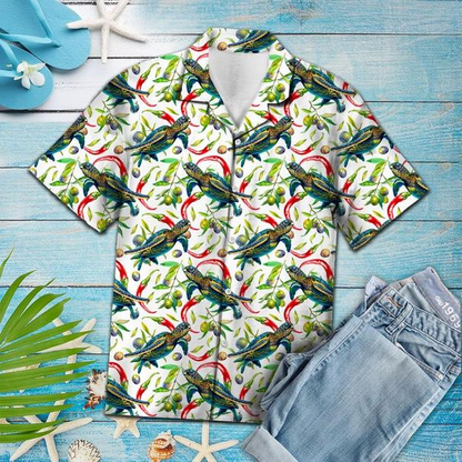 Hot Chili Peppers And Turtle Tropical Polyester Hawaiian Shirt