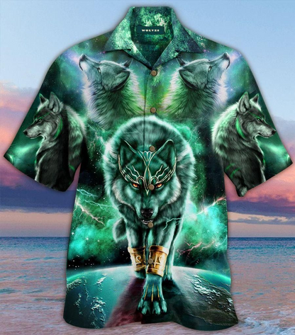 Green Galaxy Wolf 3D Print Polyester Hawaiian Shirt