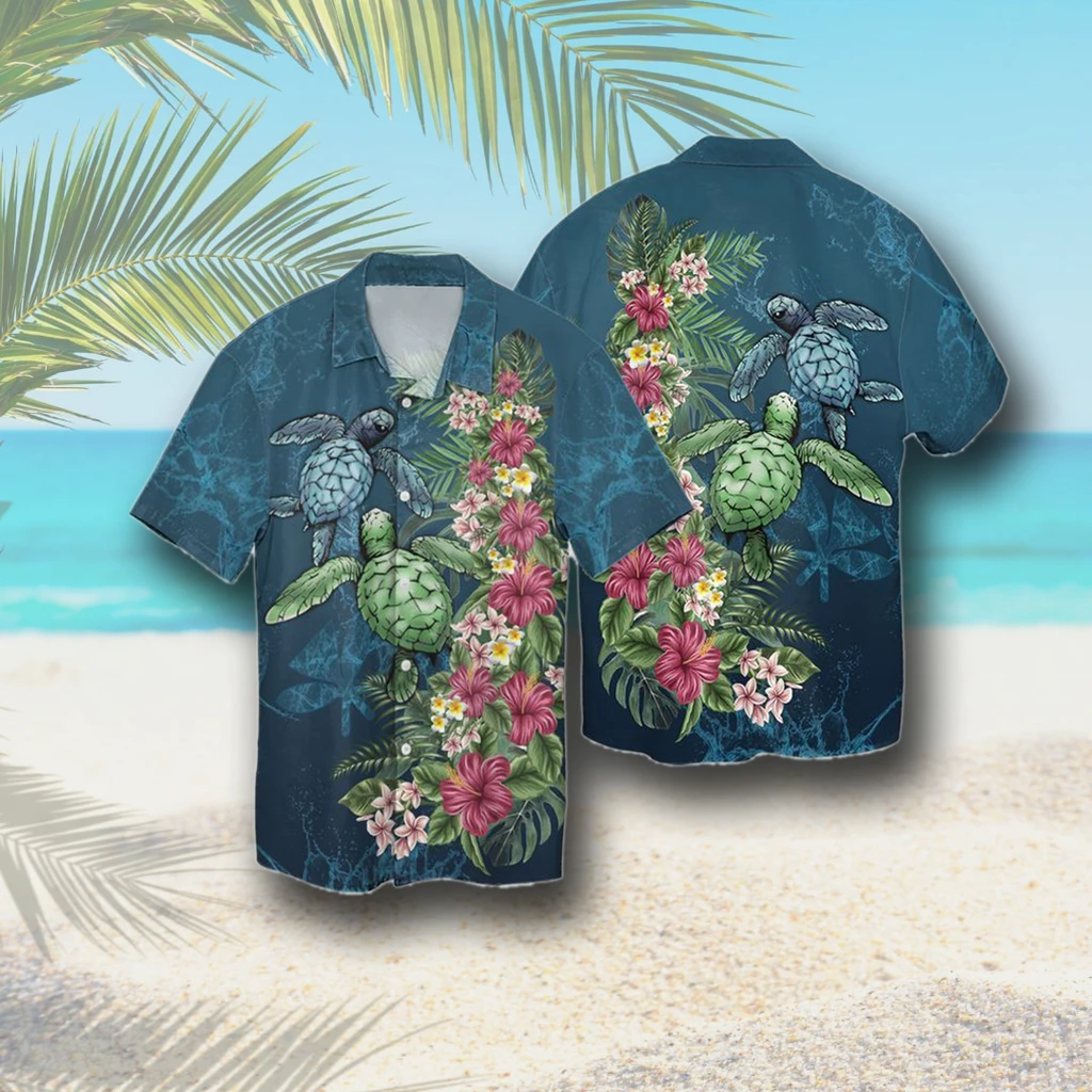 Sea Turtle With Tropical Leaf Flower 3D Print Polyester Hawaiian Shirt