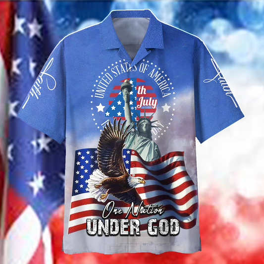 Happy Independence Day Hawaiian Shirt | One Nation Under God Eagle With Us Flag Statue Of Liberty