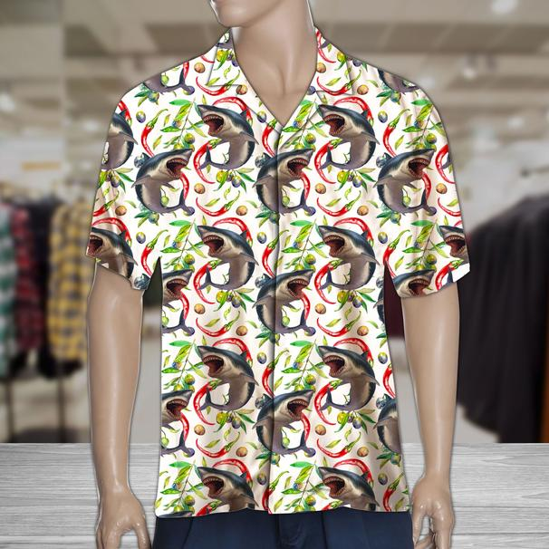 Hot Chili Peppers And Shark Tropical Polyester Hawaiian Shirt