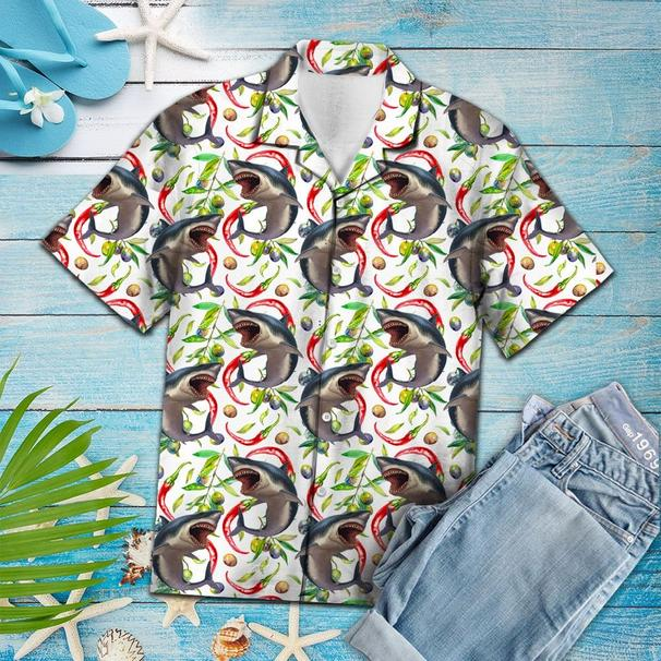 Hot Chili Peppers And Shark Tropical Polyester Hawaiian Shirt