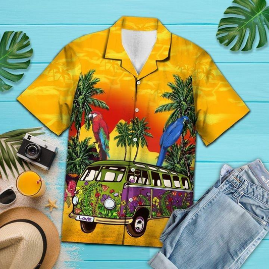 Vintage Hippie Bus Polyester Hawaiian Shirt