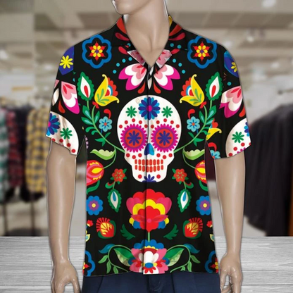 Mexican Sugar Skull Tropical Polyester Hawaiian Shirt