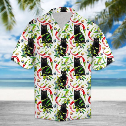 Hot Chili Peppers And Black Cat Tropical Polyester Hawaiian Shirt