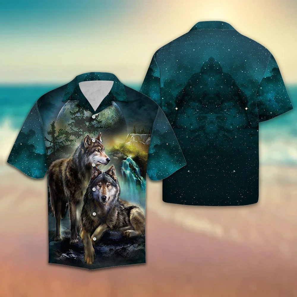 Wolf And Moon Tropical Polyester Hawaiian Shirt