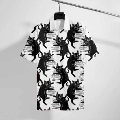 Black Cat Book Print Polyester Hawaiian Shirt