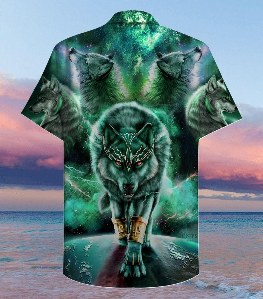 Green Galaxy Wolf 3D Print Polyester Hawaiian Shirt