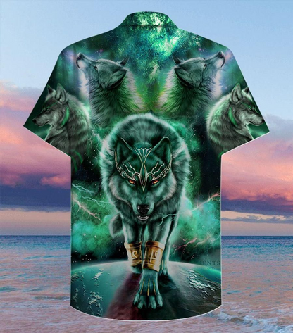 Green Galaxy Wolf 3D Print Polyester Hawaiian Shirt