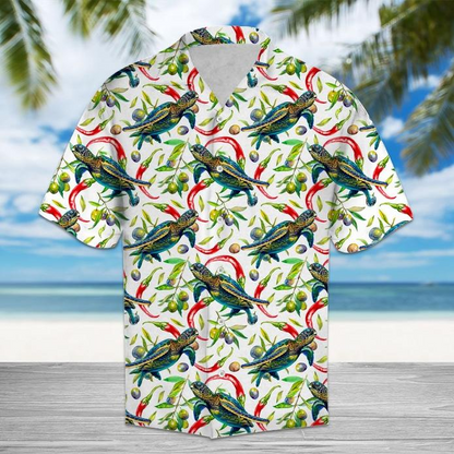 Hot Chili Peppers And Turtle Tropical Polyester Hawaiian Shirt