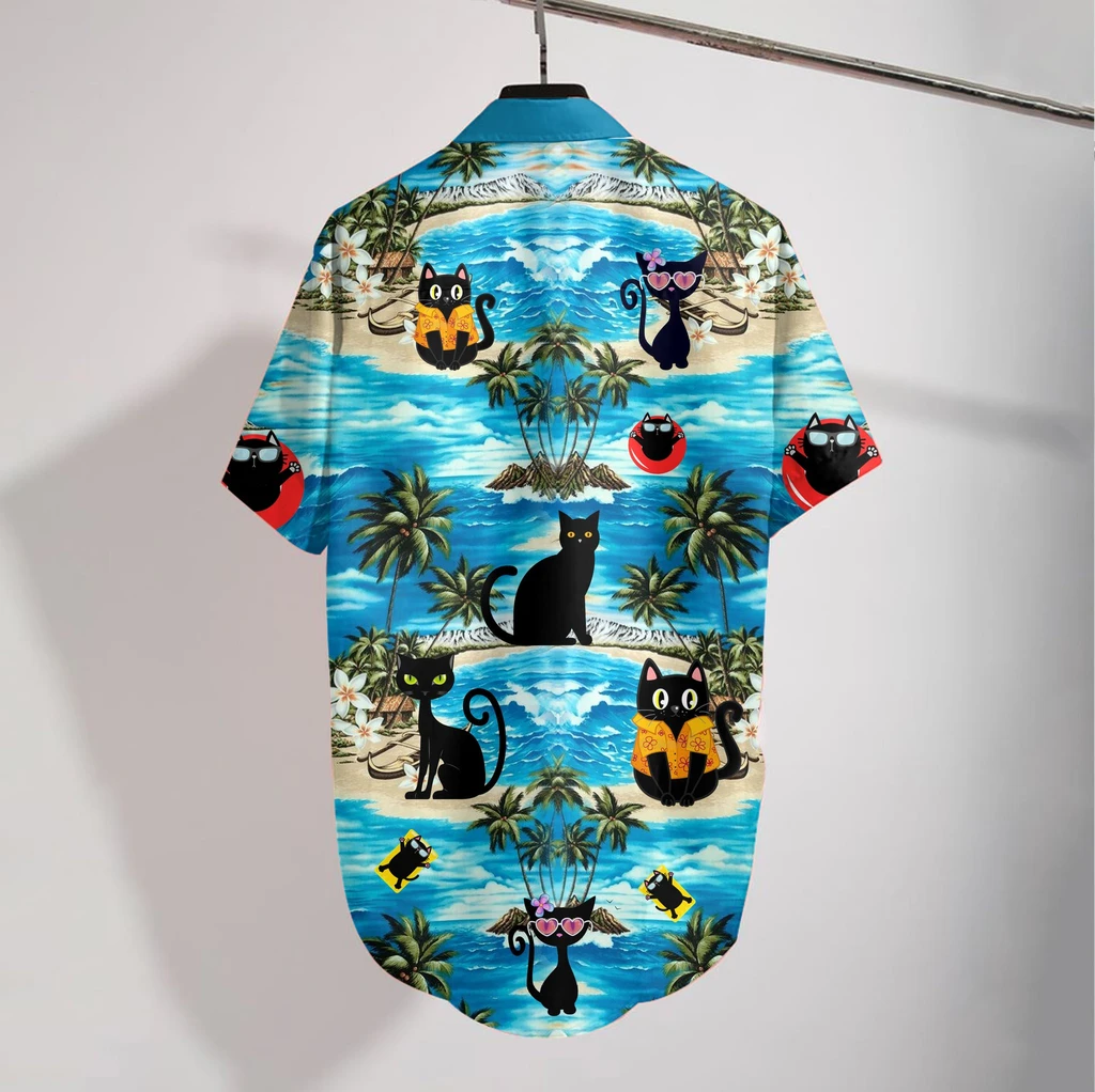 Black Cat Beach 3D Print Polyester Hawaiian Shirt