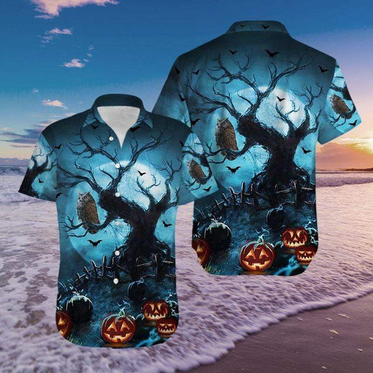 Scary Owl Night With Pumpkin Halloween Hawaiian Aloha Shirts #1010H