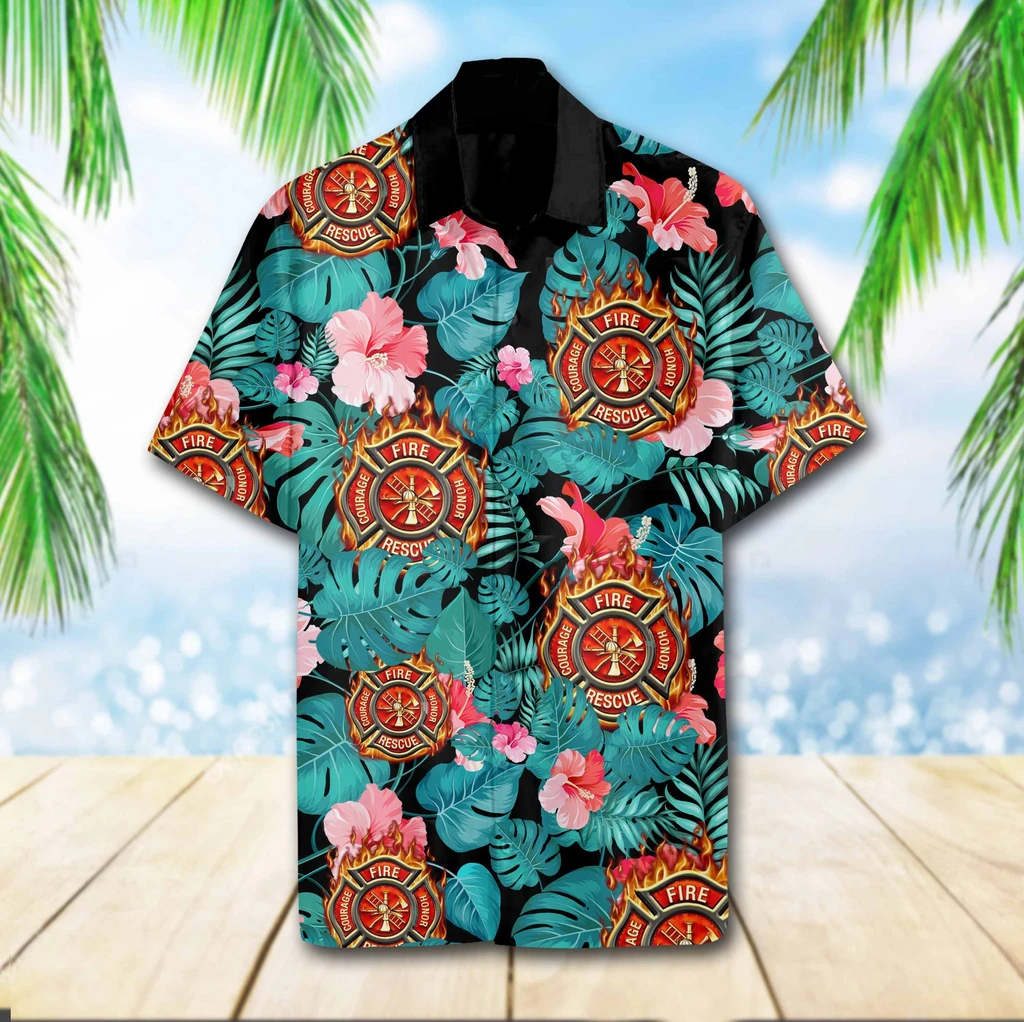 Firefighter Tropical 3D Print Polyester Hawaiian Shirt