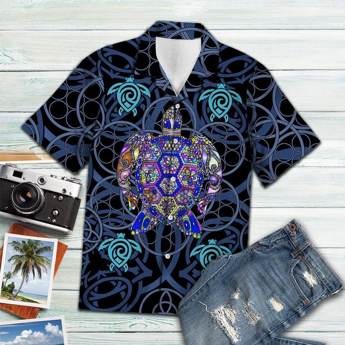 Turtle Blue Mandala Vikings Tropical Polyester Hawaiian Shirt