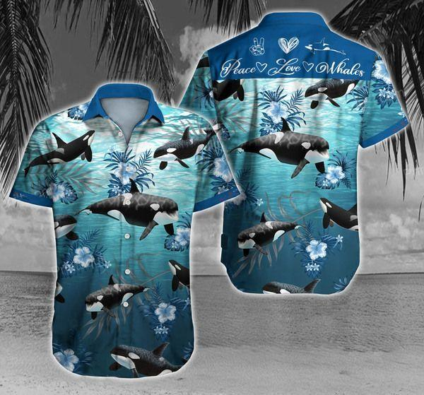 Peace Love Whale Ocean Polyester Hawaiian Shirt