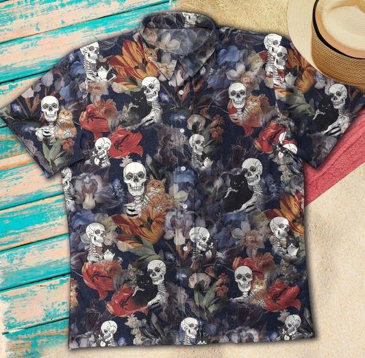 Sugar Skull And Black Cat Tropical Hawaiian Shirt | Crazy Funny Vintage