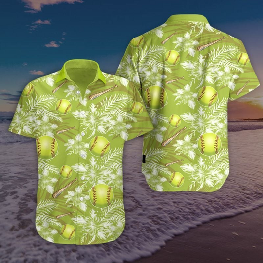 Green Softball And Baseball Bat Tropical Hawaiian Shirt