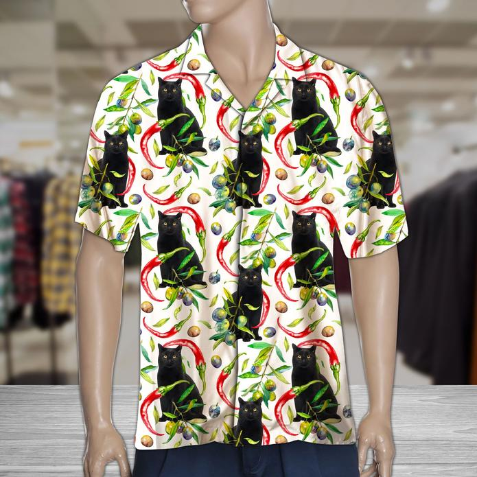 Hot Chili Peppers And Black Cat Tropical Polyester Hawaiian Shirt