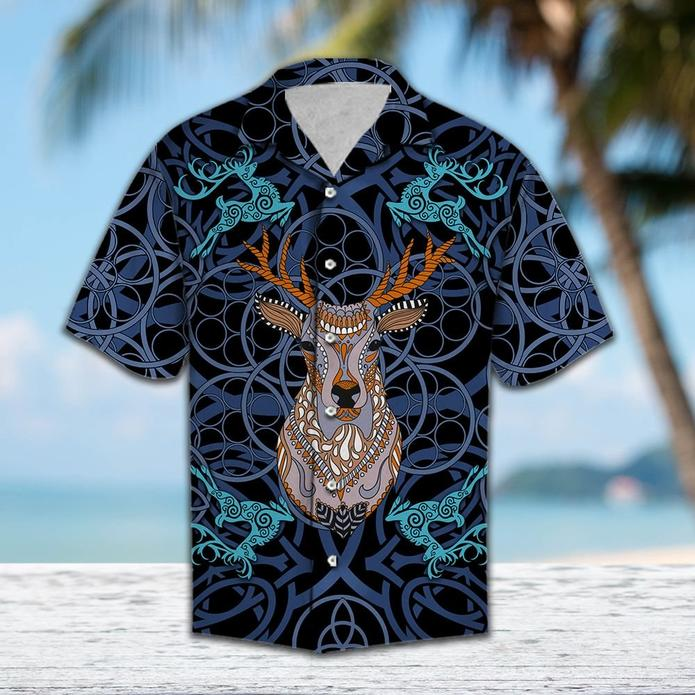 Deer Blue Mandala Vikings Tropical Polyester Hawaiian Shirt