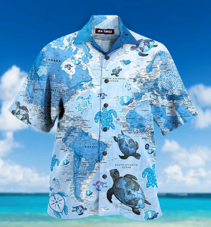 Turtle Blue Map 3D Print Polyester Hawaiian Shirt