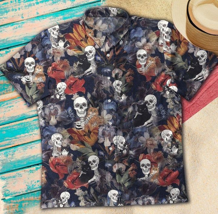 Sugar Skull And Black Cat Tropical Hawaiian Shirt | Crazy Funny Hawaiian Shirt | Vintage Hawaiian Shirt