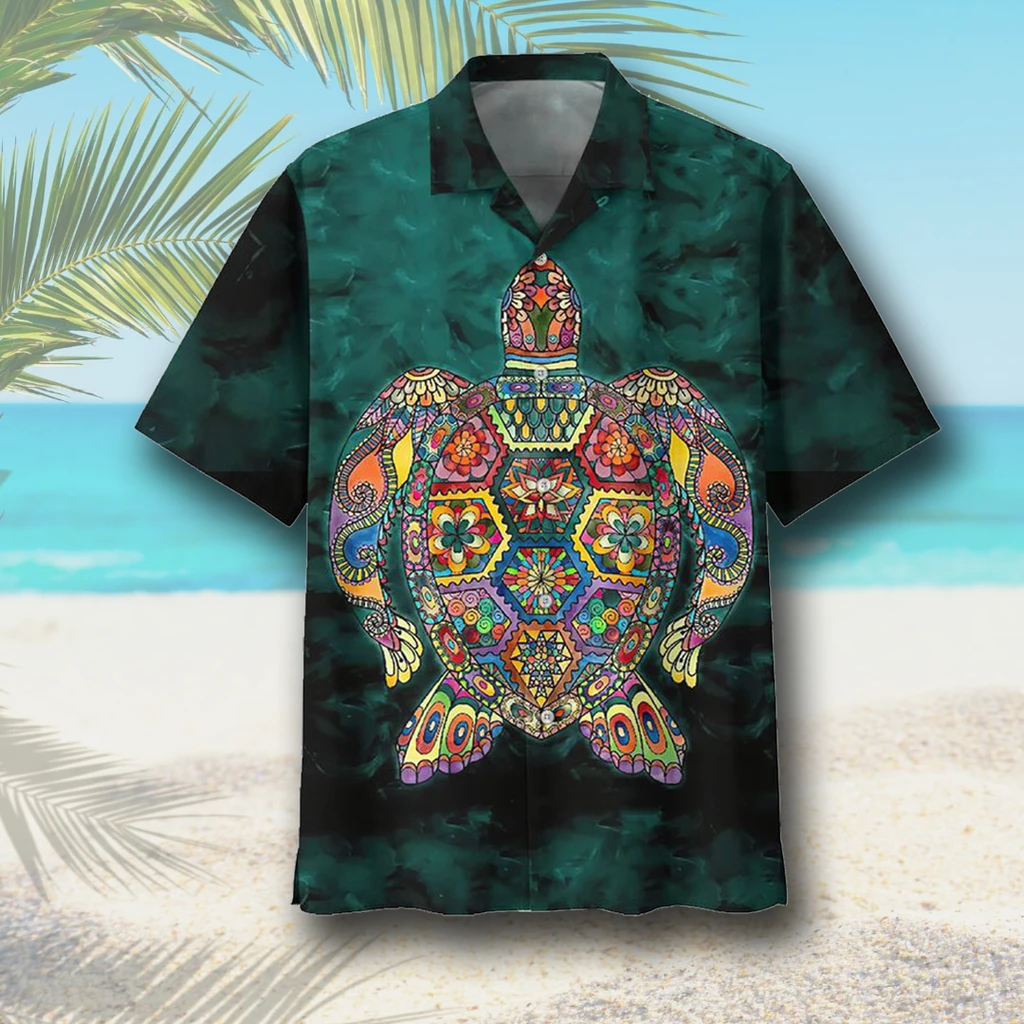 Colorful Mandala Sea Turtle Print Polyester Hawaiian Shirt