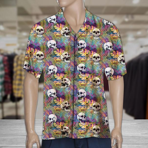 Vintage Skull Palm Leaves Tropical 3D Print Polyester Hawaiian Shirt