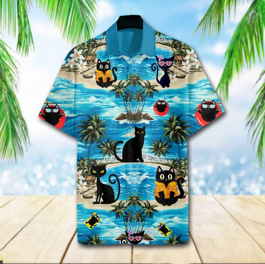 Black Cat Beach 3D Print Polyester Hawaiian Shirt