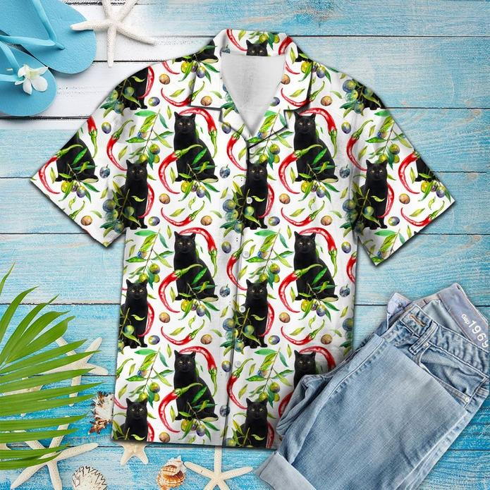 Hot Chili Peppers And Black Cat Tropical Polyester Hawaiian Shirt