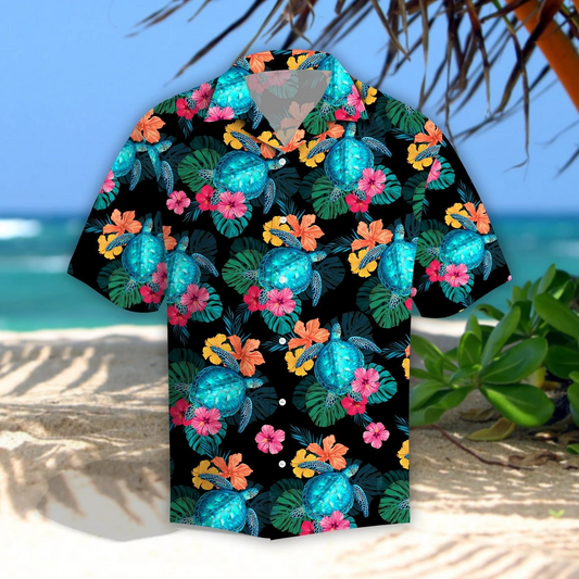 Turtles Hibiscus Tropical Polyester Hawaiian Shirt