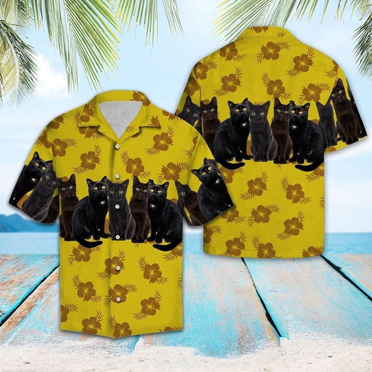 Black Cat Yellow Floral Summer Hawaiian Shirt