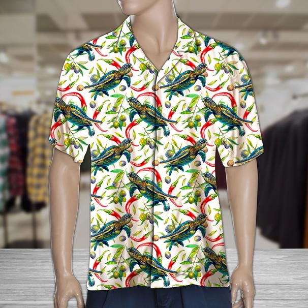 Hot Chili Peppers And Turtle Tropical Polyester Hawaiian Shirt