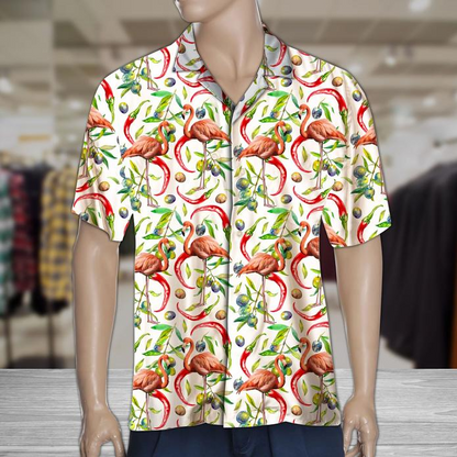 Hot Chili Peppers And Flamingo Tropical Polyester Hawaiian Shirt