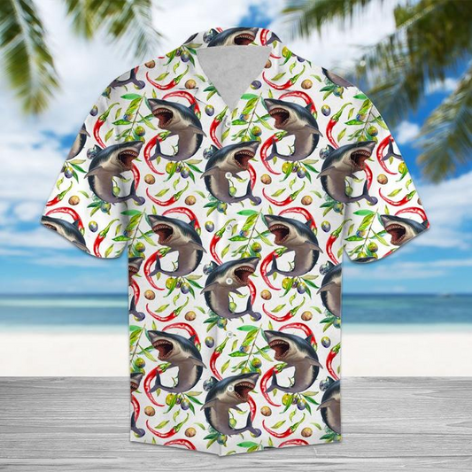 Hot Chili Peppers And Shark Tropical Polyester Hawaiian Shirt