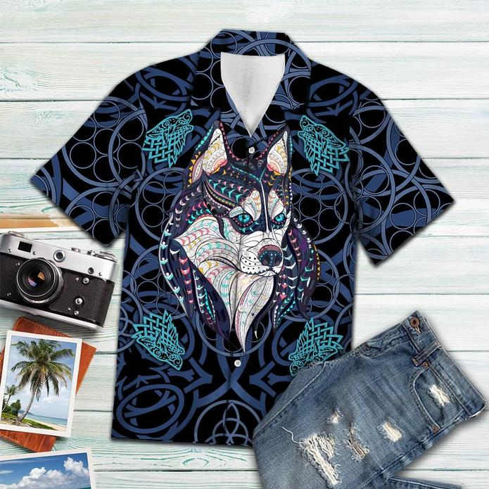 Wolf Blue Mandala Vikings Tropical Polyester Hawaiian Shirt