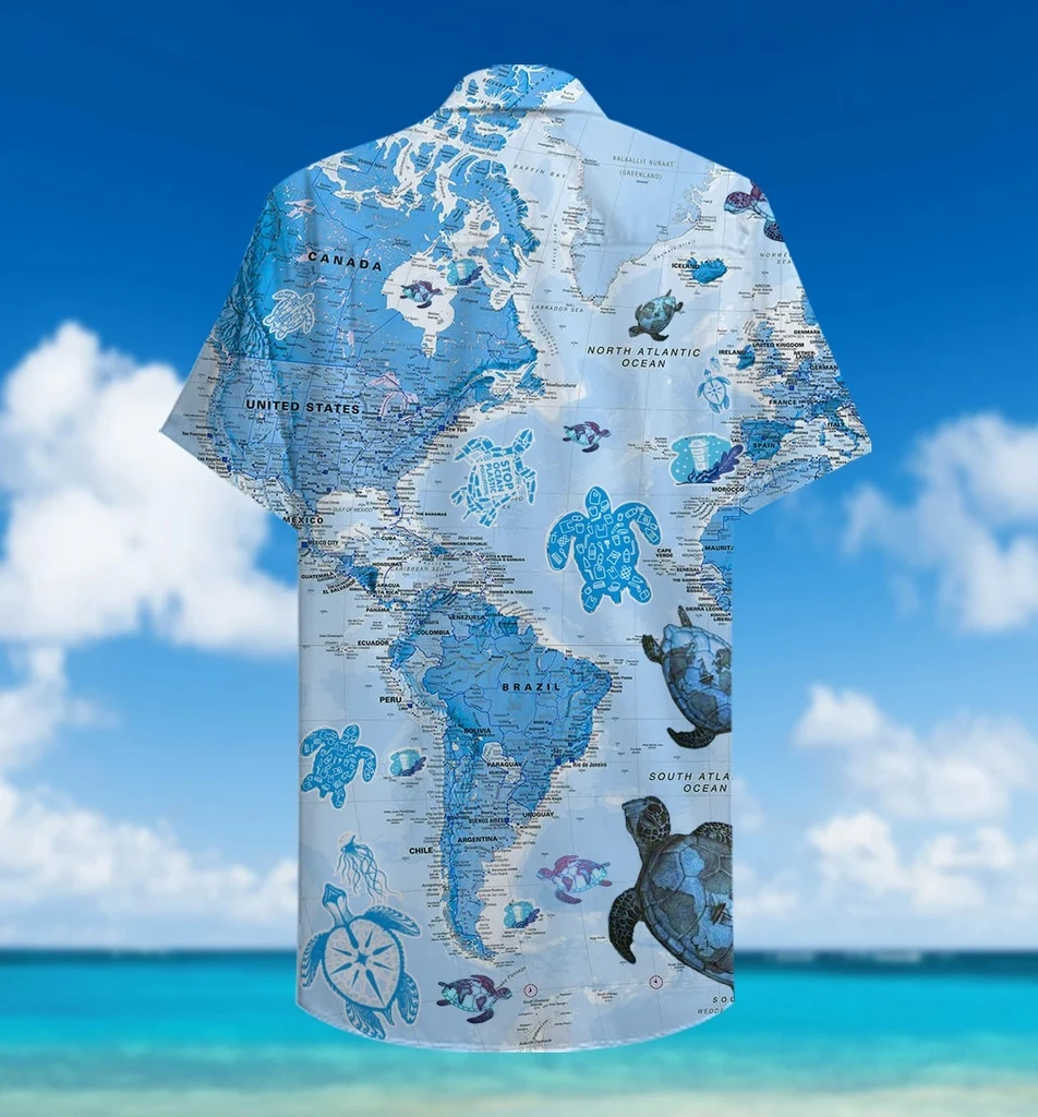 Turtle Blue Map 3D Print Polyester Hawaiian Shirt