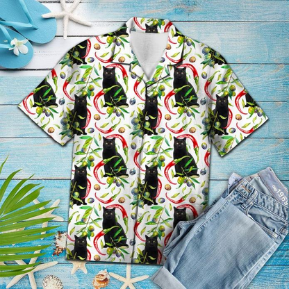 Hot Chili Peppers And Black Cat Tropical Polyester Hawaiian Shirt