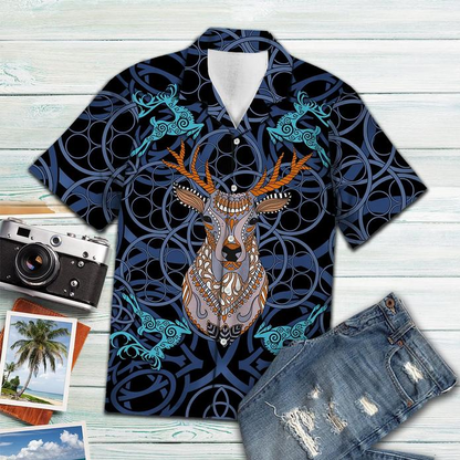 Deer Blue Mandala Vikings Tropical Polyester Hawaiian Shirt
