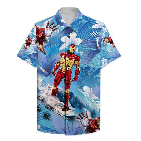 Iron Man Surfing Hawaiian Graphic Print Short Sleeve 