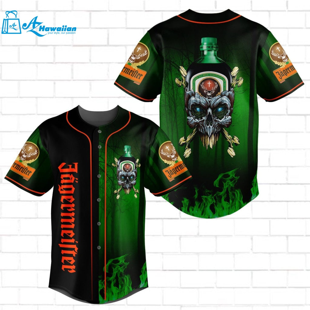 Jagermeister Skull Green Flame All Over Print Unisex Baseball Jersey Green