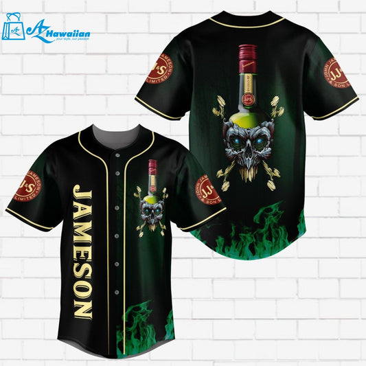 Jameson Irish Whiskey Flowery Skull All Over Print Unisex Baseball Jersey - Ombre Black Green