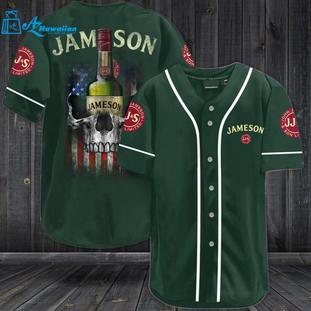 Jameson Irish Whiskey USA Flag Skull All Over Print 3D Unisex Baseball Jersey - Dark Green